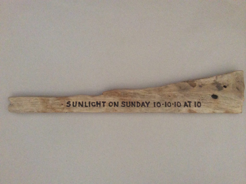 Sunlight and Gravity Roger Ackling - Sunlight on Sunday 10.10.10 at 10, 2010 Sunlight on wood This work is self-explanatory but like much of Roger’s work it is more complex than it seems. It reveals a lot about his wit and humour, and sense of occasion. But also, it celebrates the special nature of time and place, the point at which all forces are gathered in unison in a never-to-be repeated way.